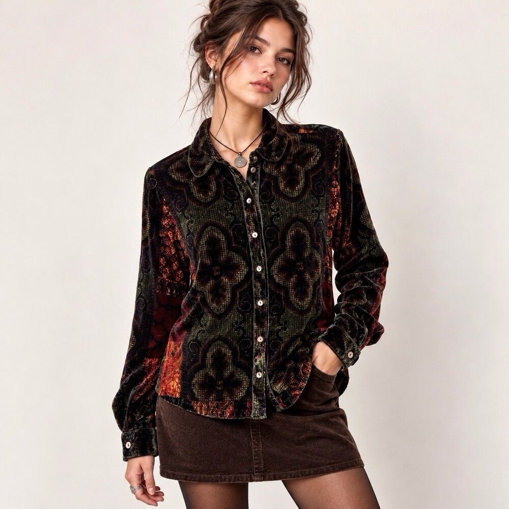 Soft Surroundings Velvet Shirt M Gothic Crosses Stained Glass Whimsigoth VTG Y2K